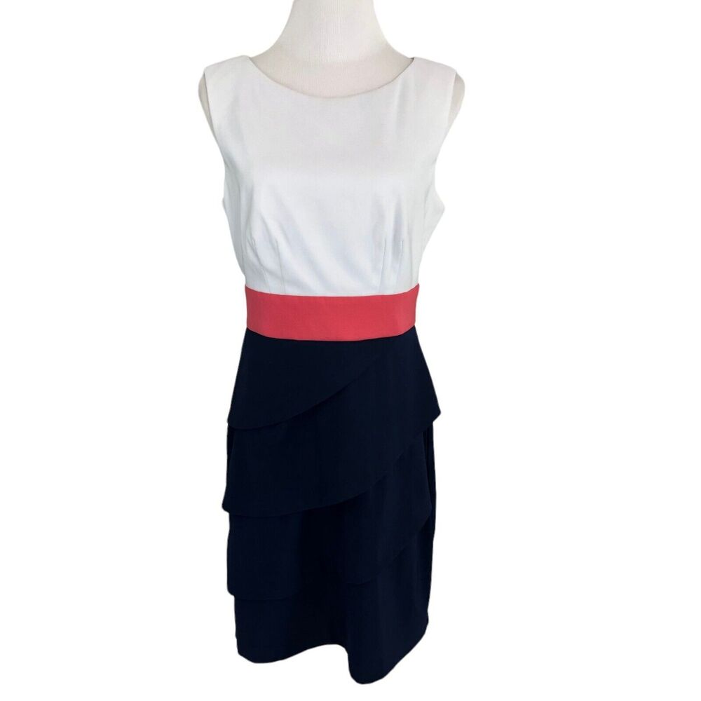 Connected Apparel Sheath Dress Tiered Knee Length Sleeveless Boat Neck Size 8